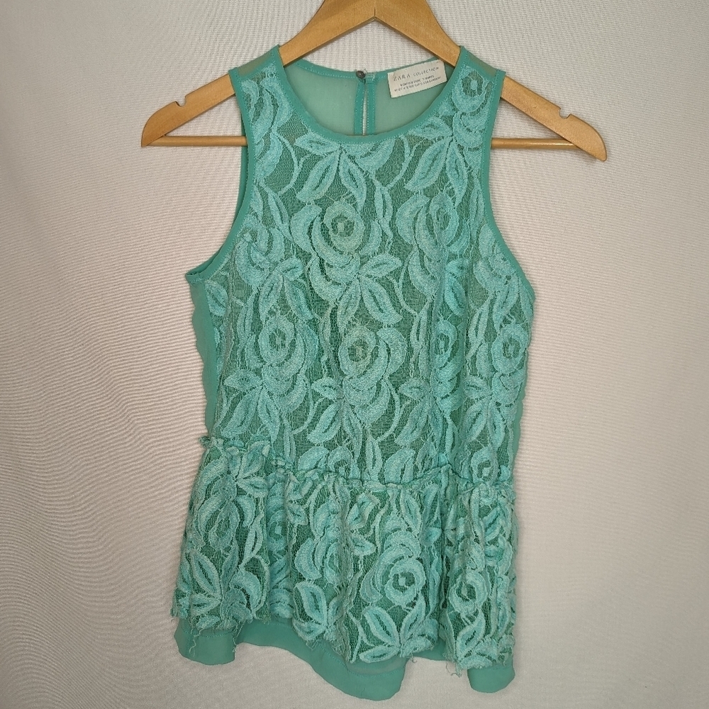 Zara Blue‎ Lace Sheer Back Tank Top Small